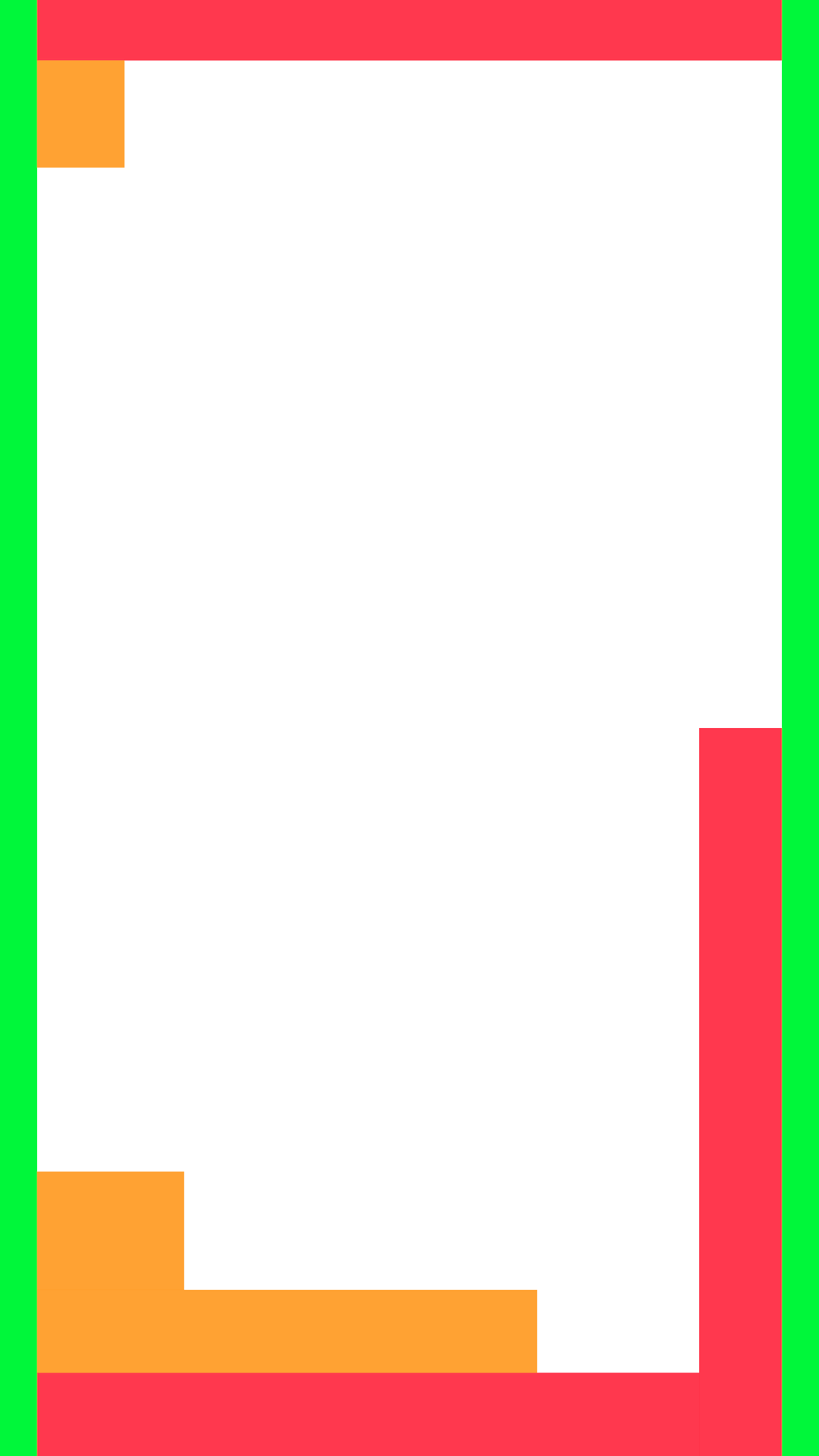 릴스 세이프존 맵 — 상단 80px, 하단 110px, 좌우 48px 빨간 금지 영역 + 주황 주의 영역